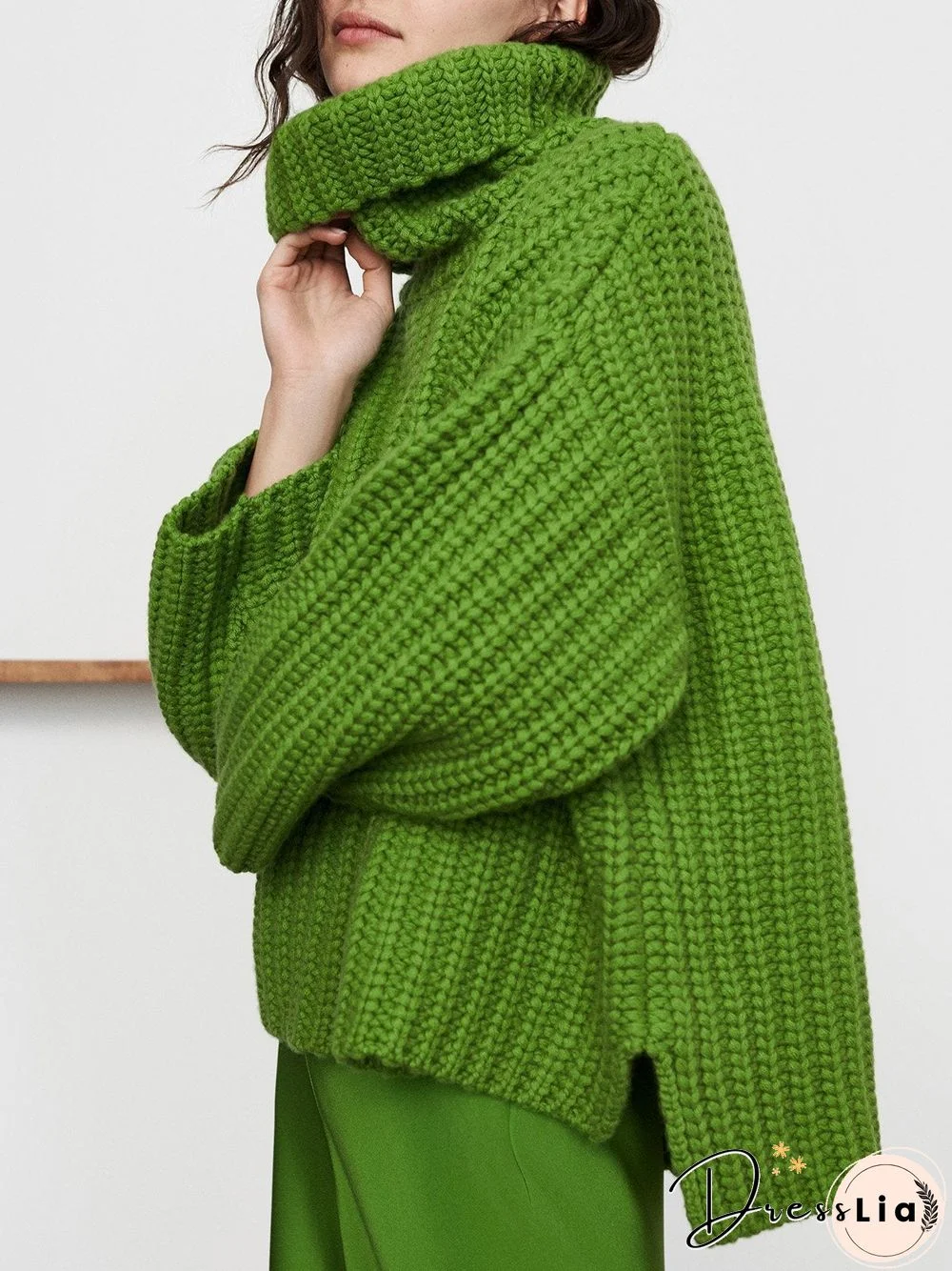 Green Turtleneck Knitted Casual Solid Sweater