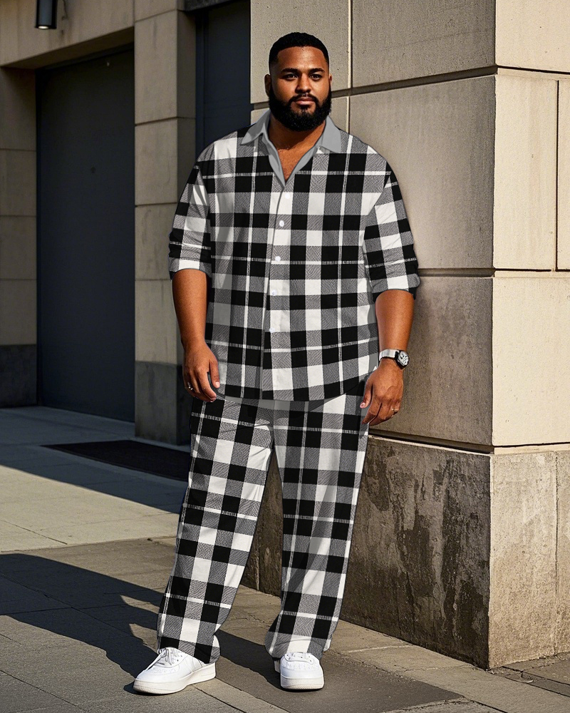 Big Guy's Simple Casual Black and White Plaid  Printed Long Sleeve Shirt Pants Set