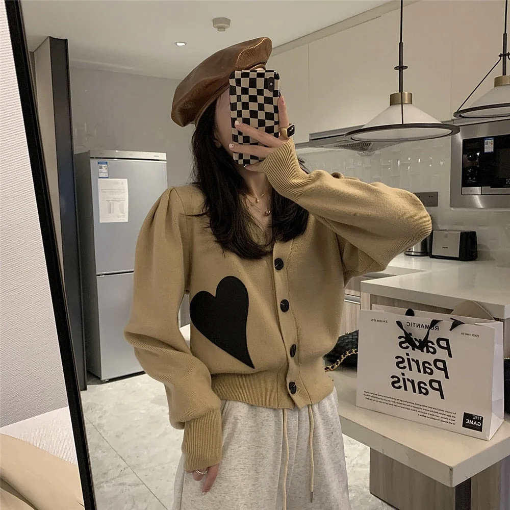 Graduation Gifts  2023 Autumn Winter Women V-Neck Knit Cardigan Heart Patch Ladies Long Sleeve Single-Breasted Sweater Outwear Female Knitwear Top