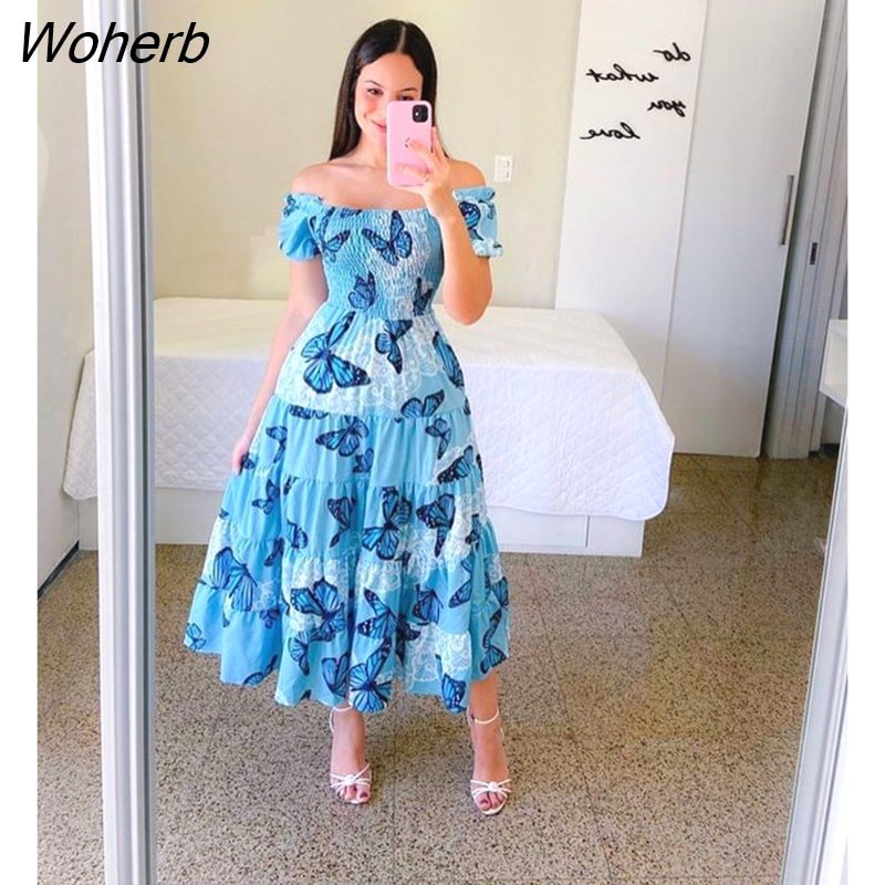 Woherb Fashion Elegant Chiffon Floral Dress Women Beach Style Elastic Short Sleeve Print A-line Dress Women