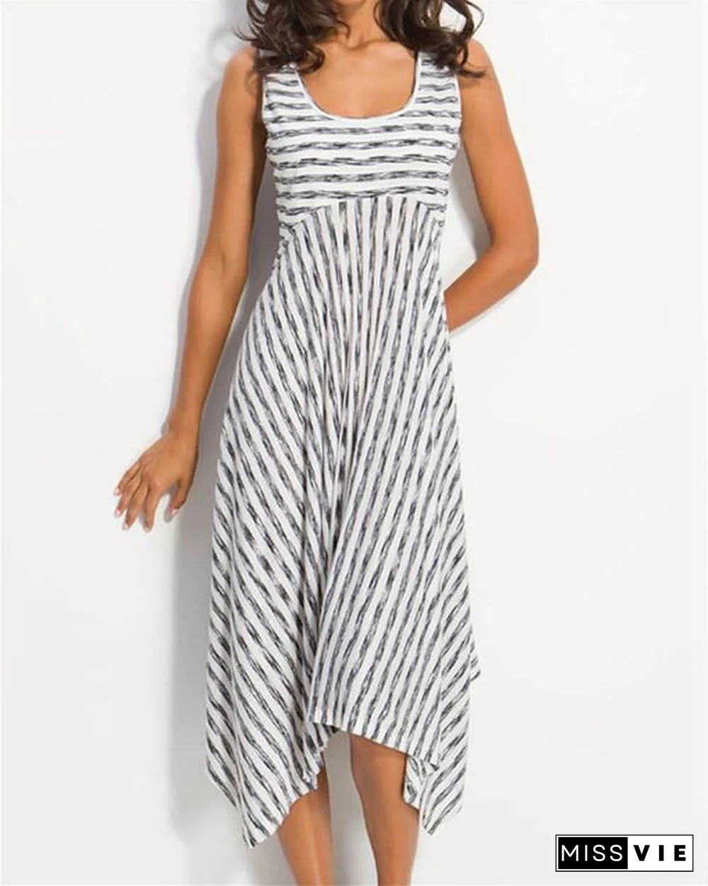 Women Midi Stripes Dresses A-Line Daily Cotton-Blend Printed Dresses