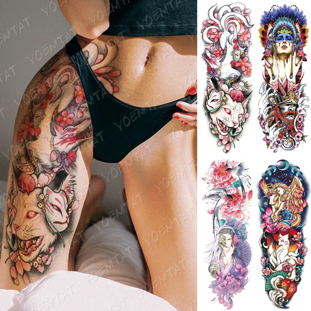 Large Arm Sleeve Tattoo Ninetales Sakura Cat Demon Waterproof Temporary Tatto Stickers Japanese Body Art Full Fake Tatoo Women