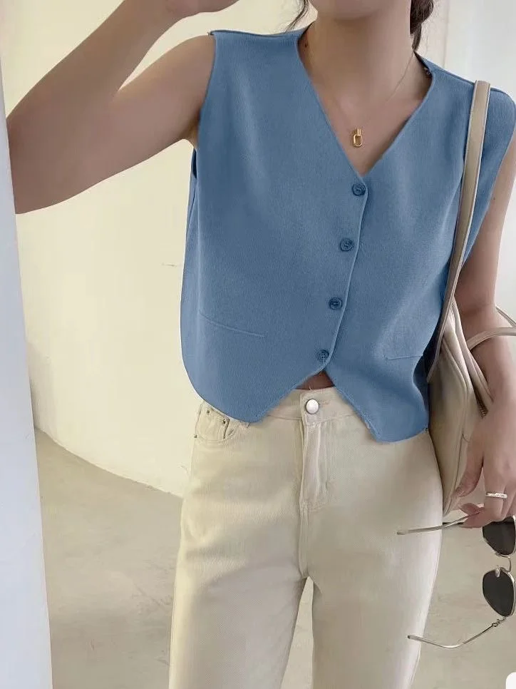 Uveng Uveng Korean Version Of Simple Solid Color Wear Knitted Vest Women 2023 New Retro Small V-Neck Vest