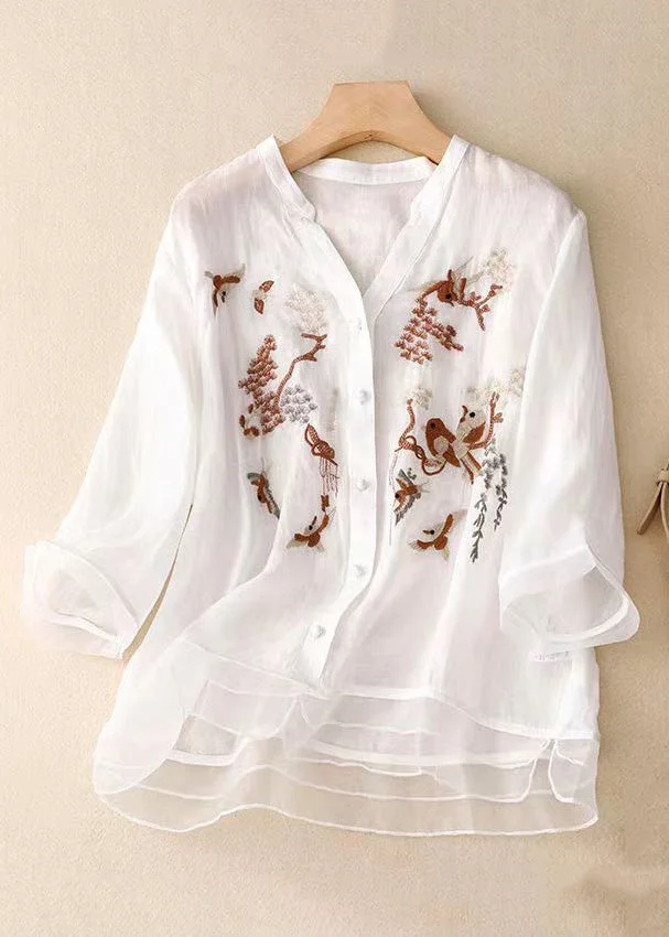 Vintage White V Neck Patchwork Cotton Shirt Top Spring