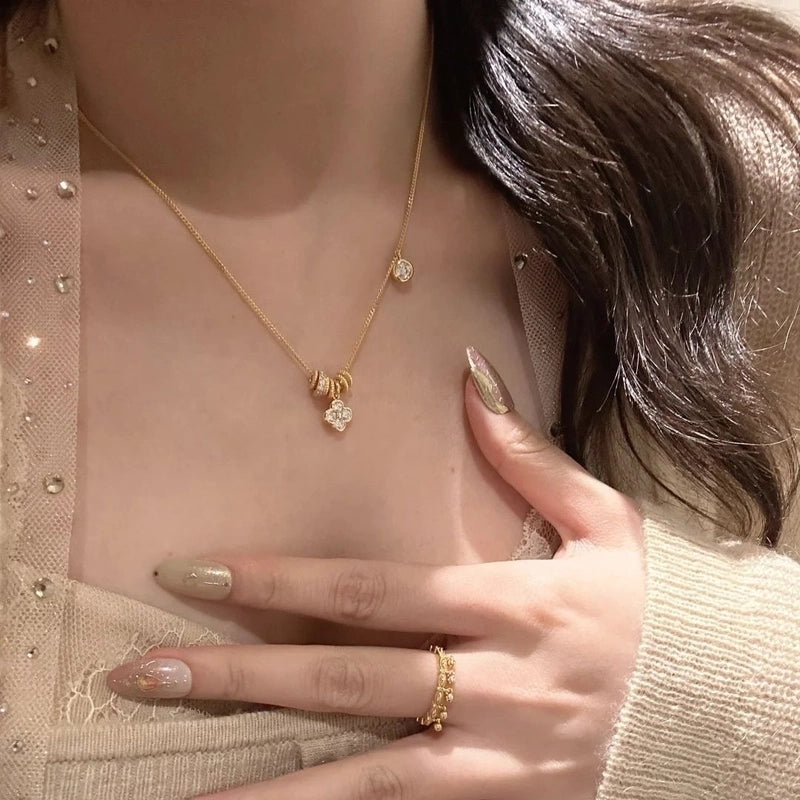 Elegant Lady Four Leaf Clover Flower Copper Mixed Metal Rings Bracelets Necklace