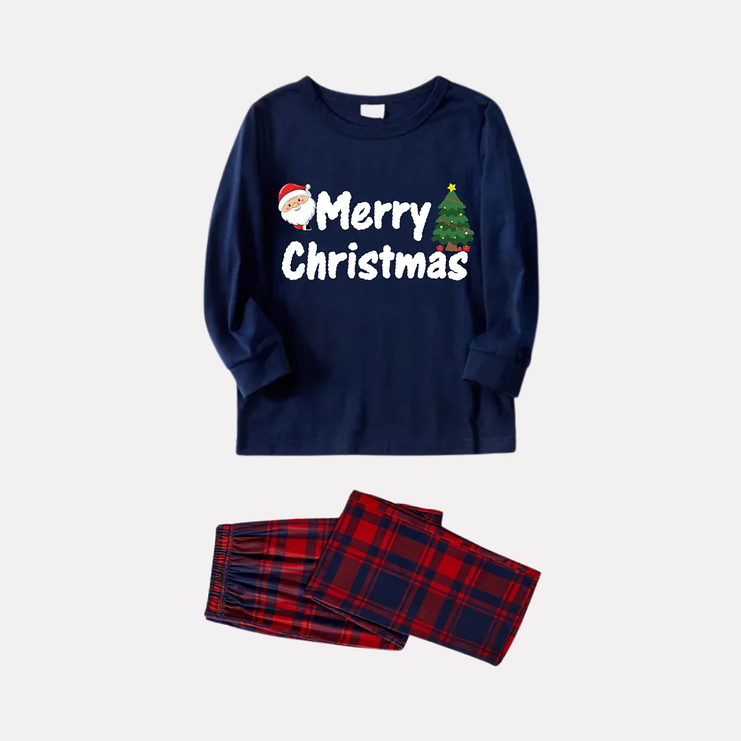 "Merry Christmas" Text and Santa Claus Prints Blue Long Sleeves Top with Red & Blue Plaid Pants Family Matching Pajamas