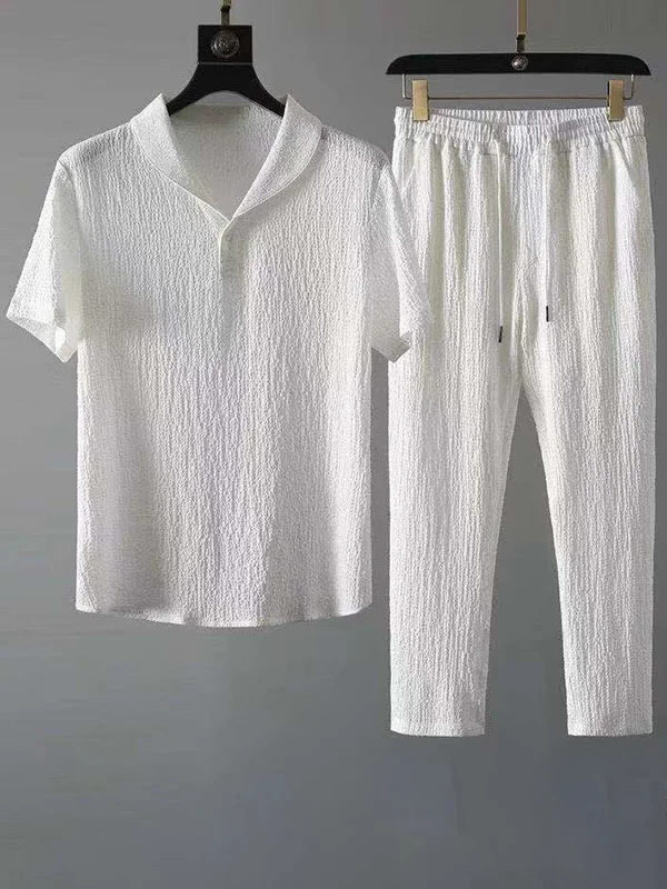 Men's Sports Plain Short Sleeve Shirt Drawstring Pants Matching Set