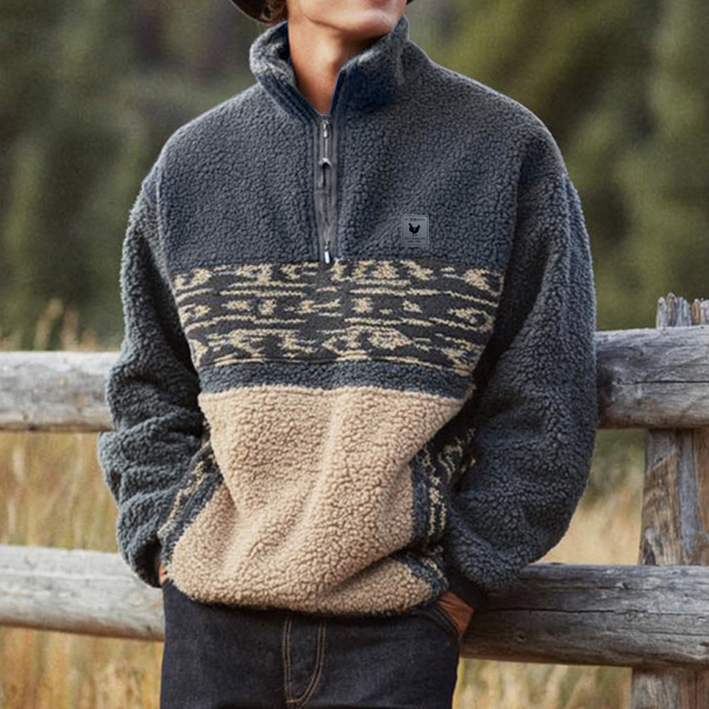 Men's Surfing Style Dark Blue Loose Casual Autumn And Winter New Lambskin Splicing Sweatshirt