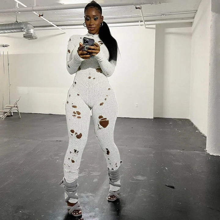 Uveng Uveng Women's Clothing 2023 Autumn And Winter 2023 New Fashion Hole Long Sleeves Strap With Wool Long Jumpsuit