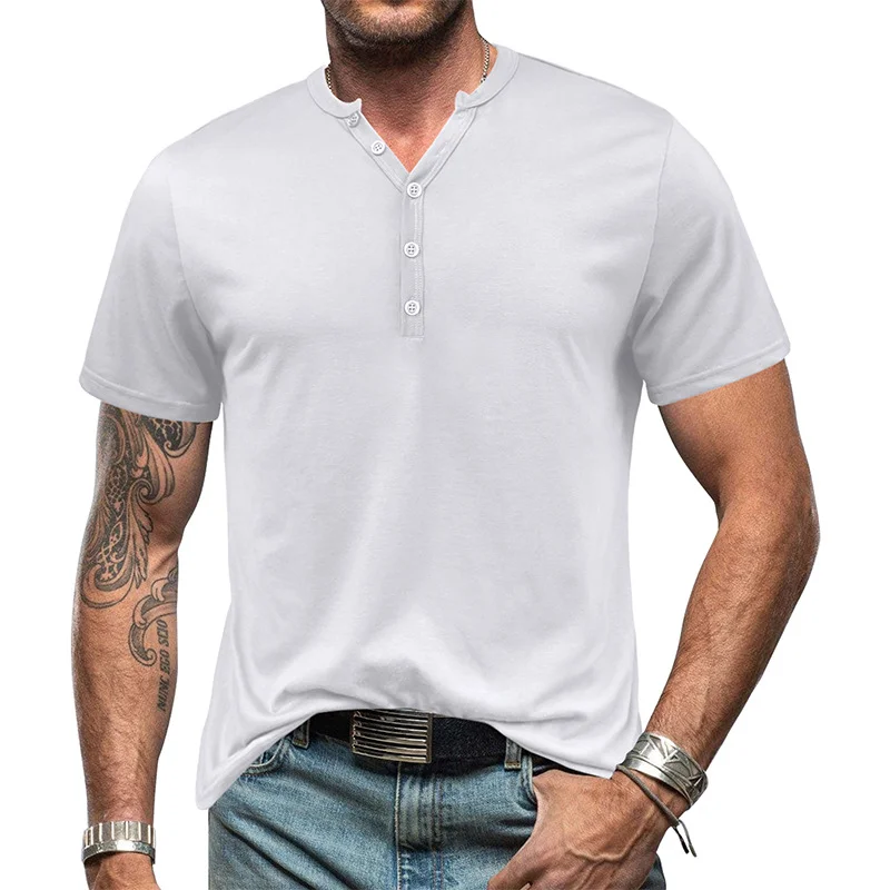 Men's Henry Short Sleeve T-Shirt Button V-Neck T-Shirt