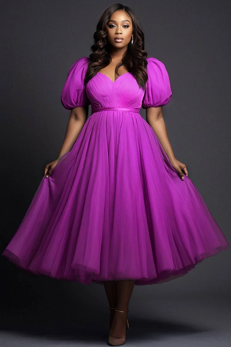 Xpluswear Design Plus Size Prom Blue Puff Sleeve Short Sleeve Pleated Tulle Midi Dresses [Pre-Order] 2024 - Xpluswear