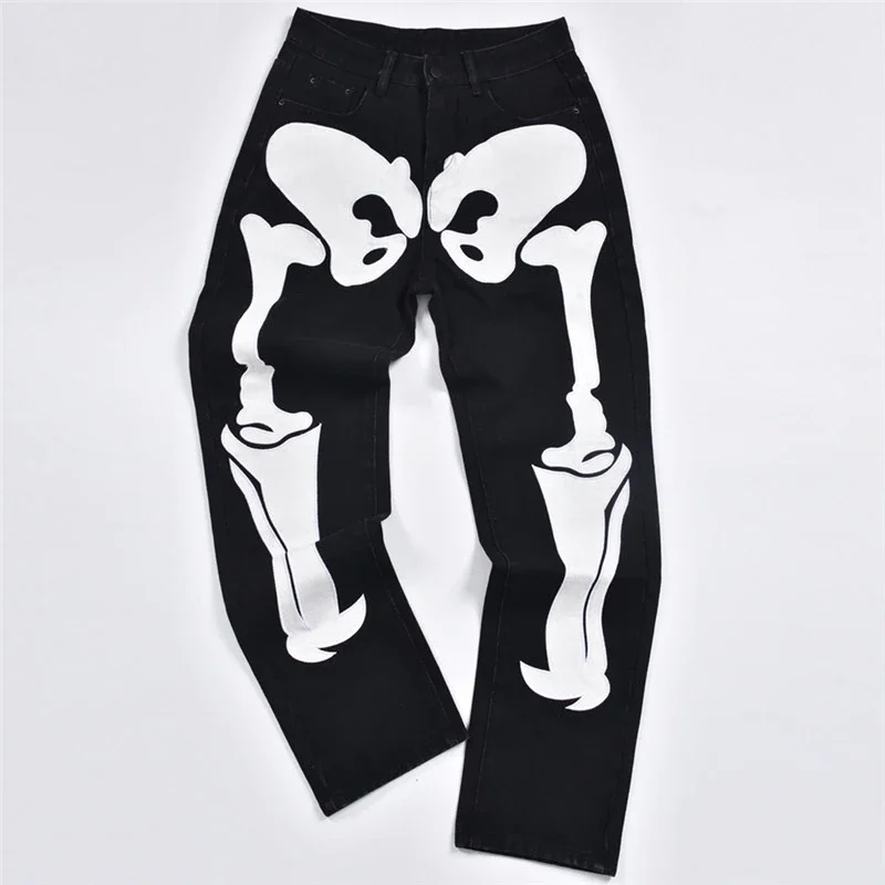 Woherb Skeleton Patterned Low Rise Jeans Streetwear Women Black Denim Trousers Cyber Y2k Goth Pants Fall 2021 C82-EF60