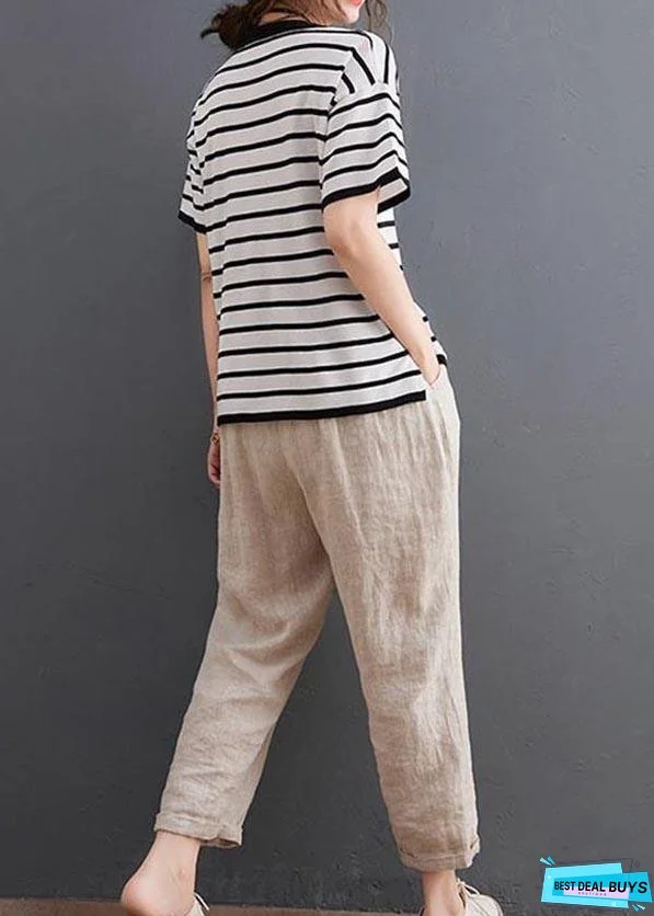 Vintage White Striped Cotton Linen Tops Summer