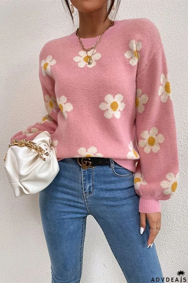 Floral Round Neck Jacquard Knitted Sweater Women's Top