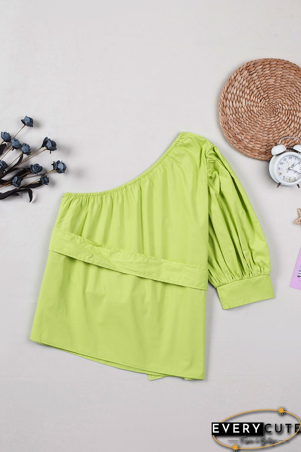 Lace-up Puff Sleeve One Shoulder Blouse