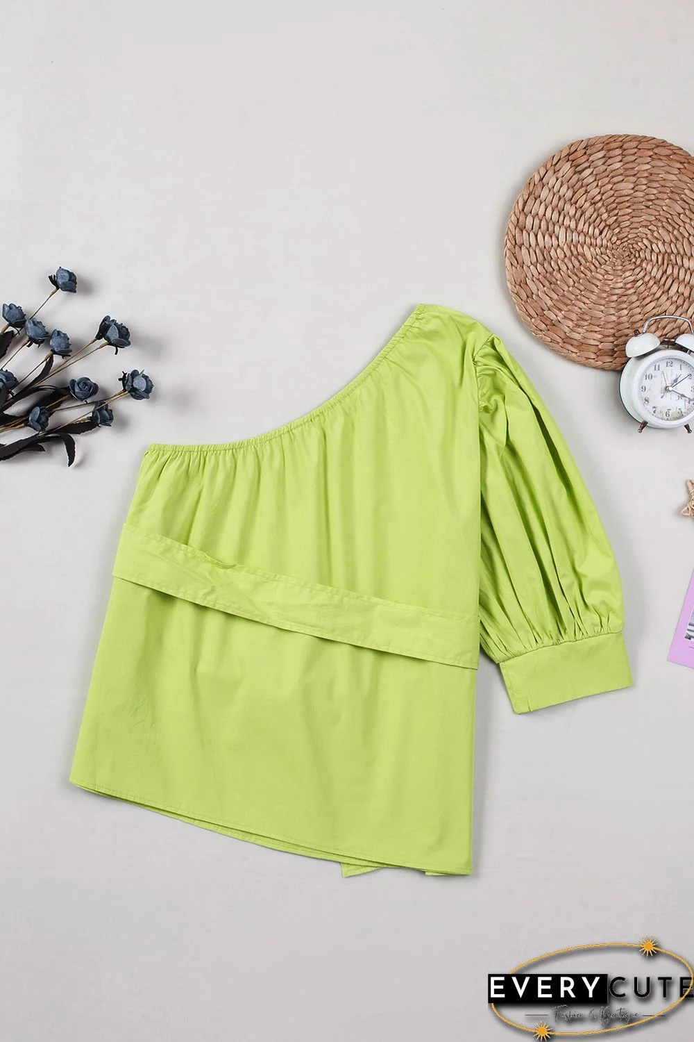 Lace-up Puff Sleeve One Shoulder Blouse