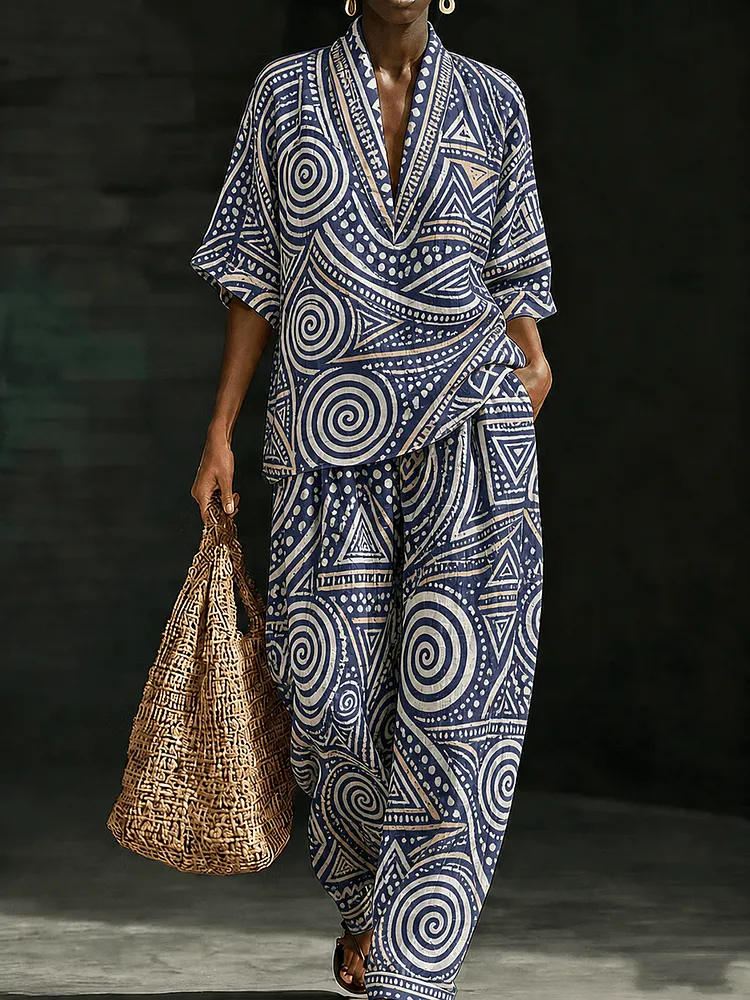 Women's Two-Piece Set with Tribal Geometric Print