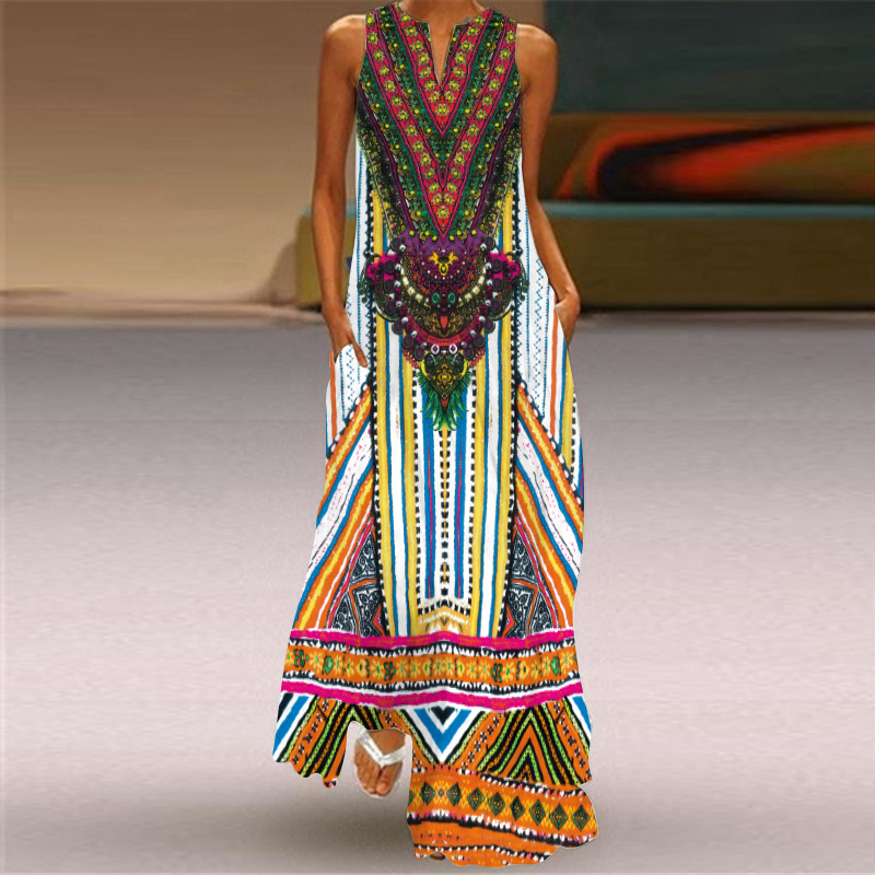 Fashion Vintage Print V-Neck Sleeveless Sexy Boho Dress