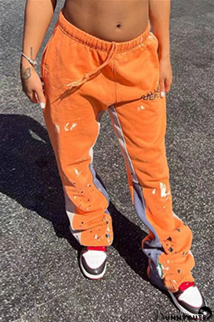 Orange Fashion Casual Sportswear Letter Print Patchwork Regular Mid Waist Trousers