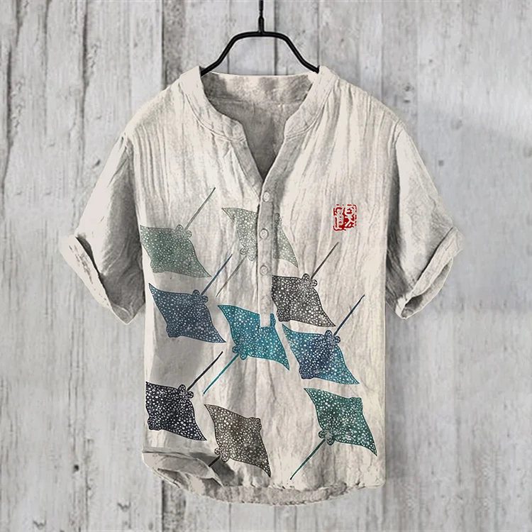 Comstylish Vintage Manta Rays Art Print Linen Blend Casual Shirt