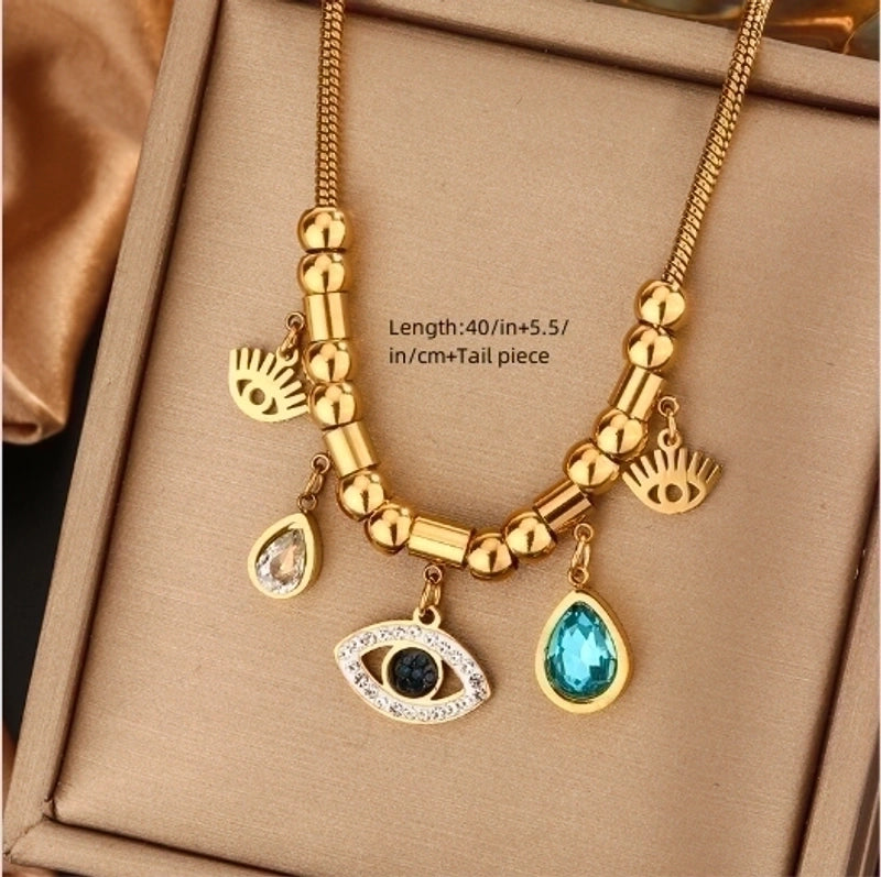 Vintage Style Commute Devil’s Eye Star Moon 304 Stainless Steel Turquoise Rhinestones Shell 18K Gold Plated Plating Inlay Layered Necklaces
