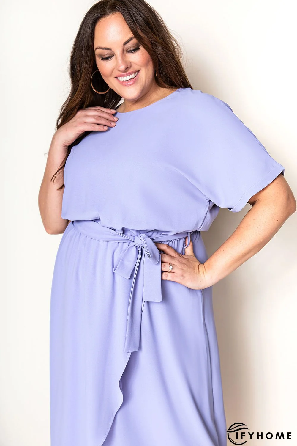 Purple Plus Size Roll up Short Sleeves High Low Maxi Dress | IFYHOME