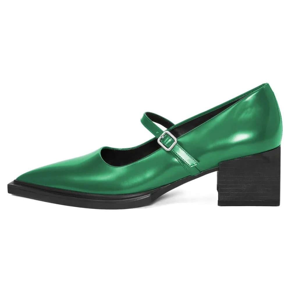 Green Buckle Strap Pointed Toe Classic Chunky Heeled Mary Janes
