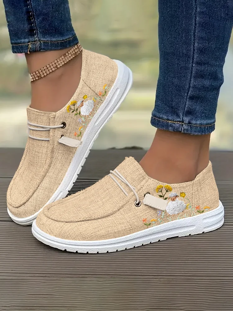 Comstylish Floral & Sheep Embroidered Linen Low Top Canvas Shoes