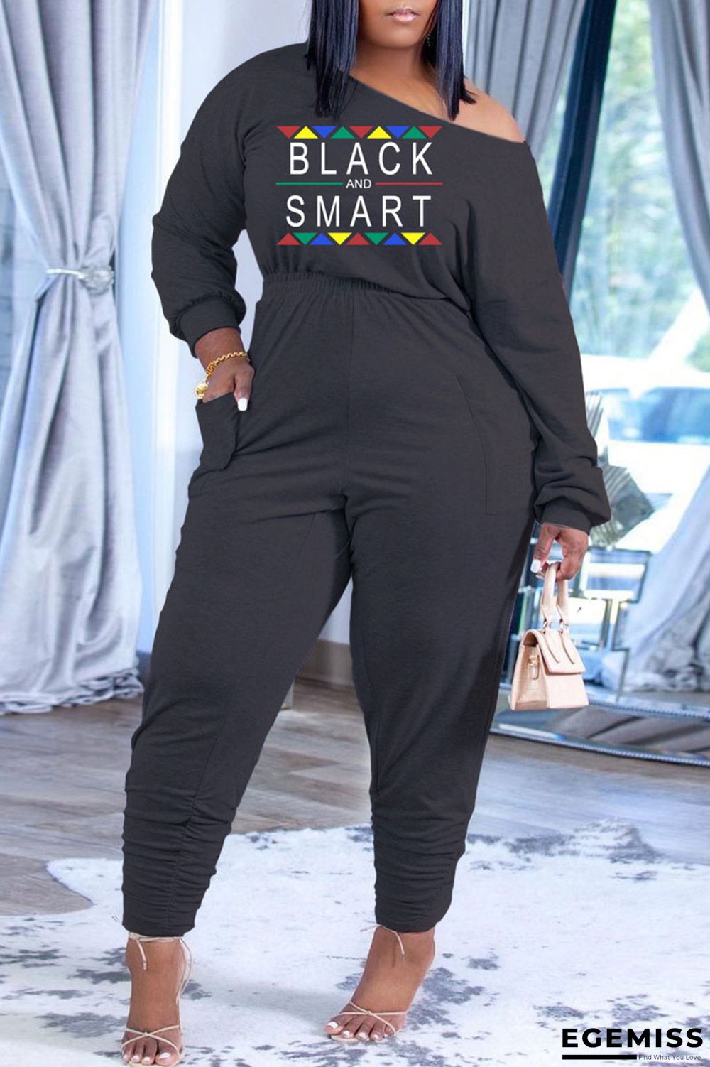 Black Casual Print Patchwork O Neck Long Sleeve Two Pieces | EGEMISS