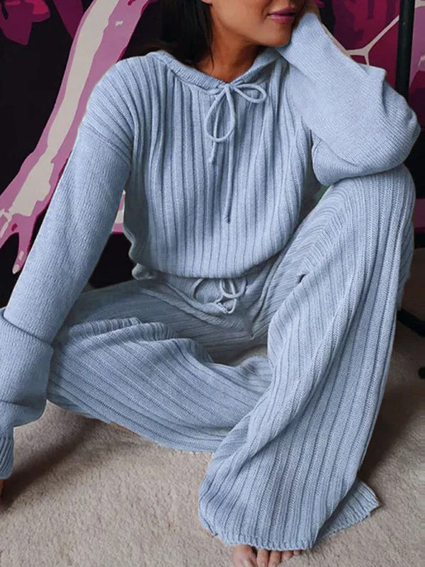 Women's Long Sleeve Hooded Solid Color Two-Piece Set