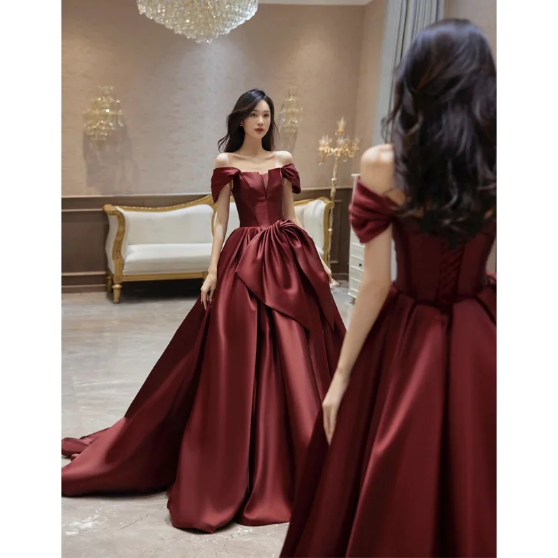 Zingj Bride Toast Dress 2025 New Shoulder High-End Small Temperament Wine Red Vertiny Engagement Dress Dress