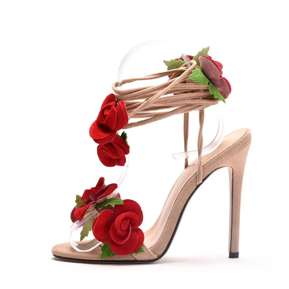 Breakj Breakj Cm Rose Flowers High Heel Sandals Large Size Hollow Strap Sandals Fashion Elegant Fish-Mouthed Sandals