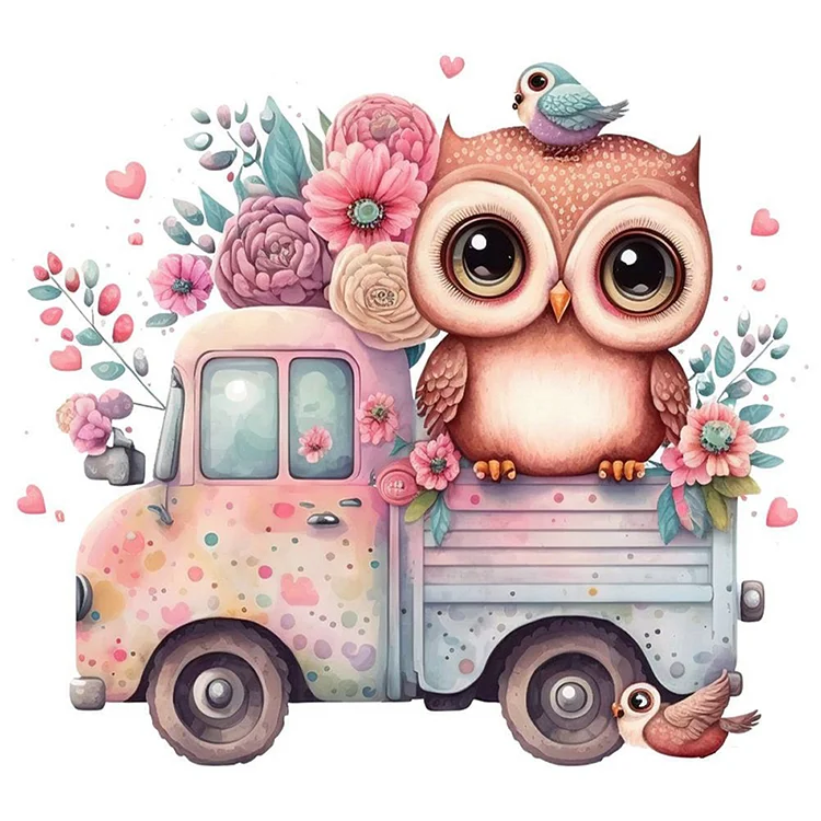Pink Owl On Truck (25*25CM) 18CT Stamped Cross Stitch gbfke