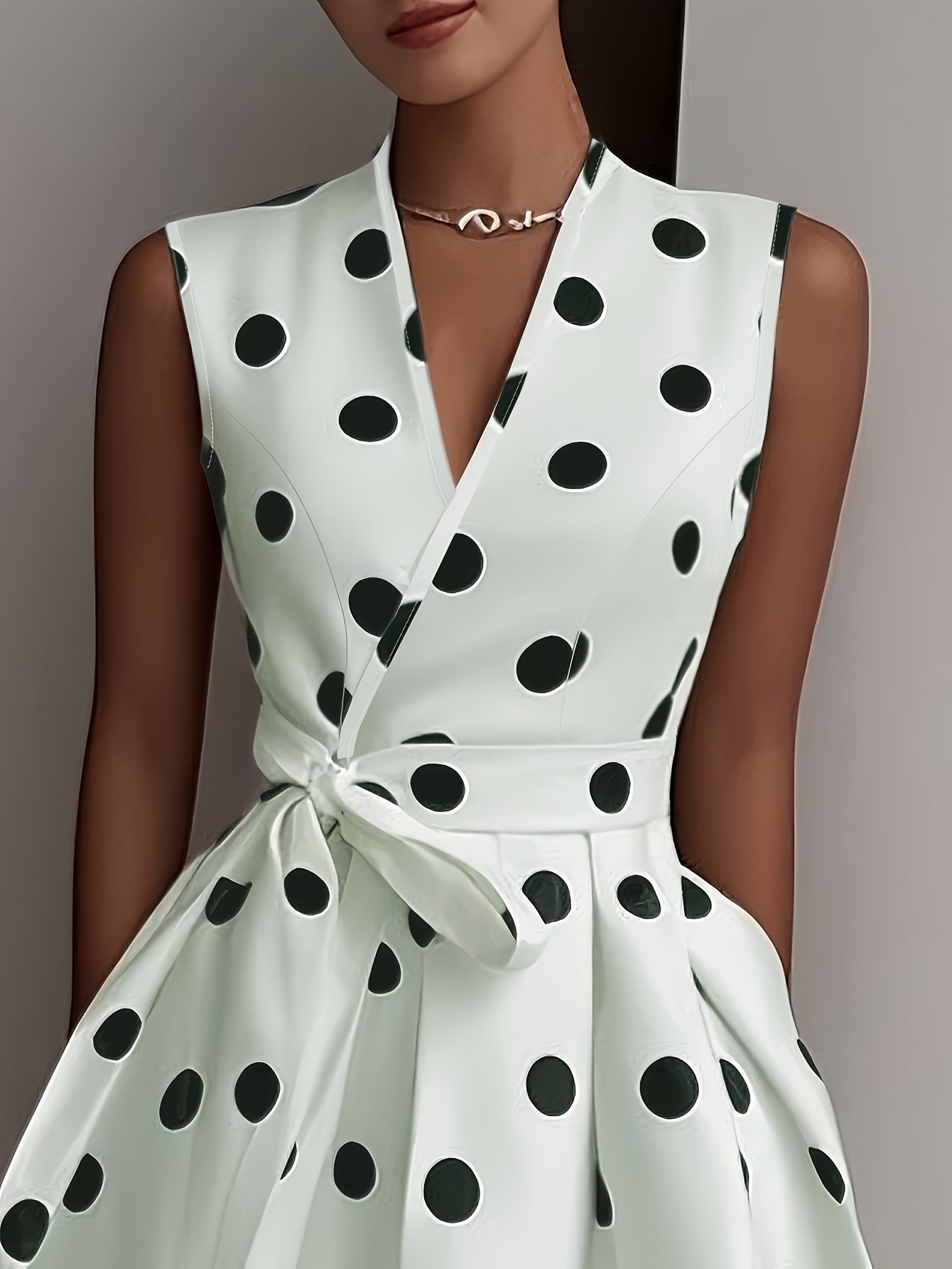 Vintage White Polka Dot Sleeveless Dress With Cross V-Neck Waist Cinched A-Line Midi Skirt - Classic Retro Design, Refreshing Sleeveless Style, A-Line Hem For A Refined Look. Perfect For Dates, Afternoon Tea