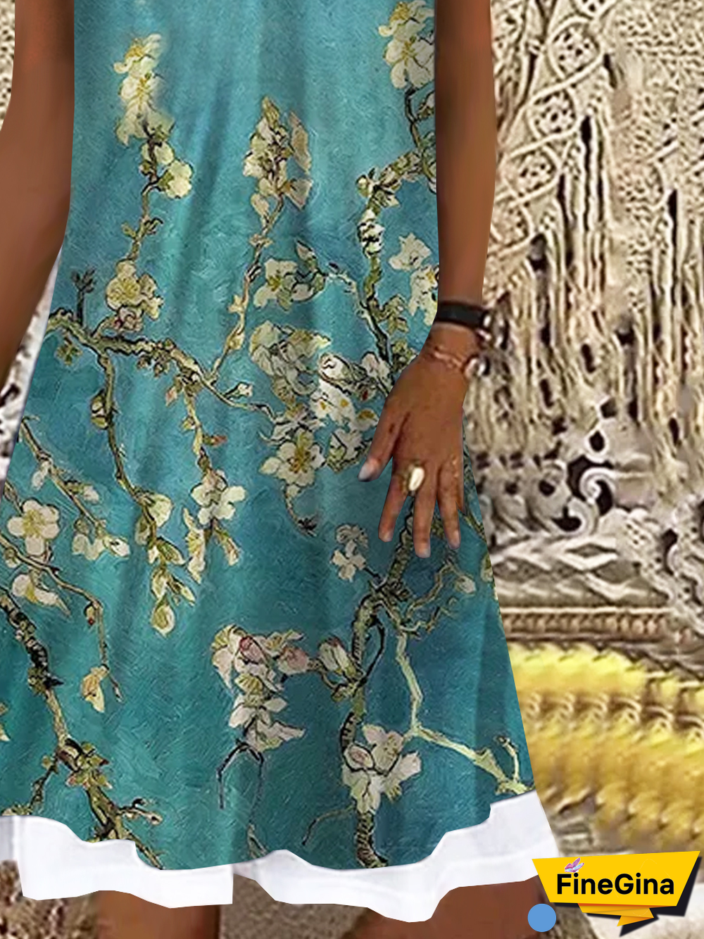 Vacation Floral Color Block V Neck Loosen Midi Short Sleeve Knit Dress