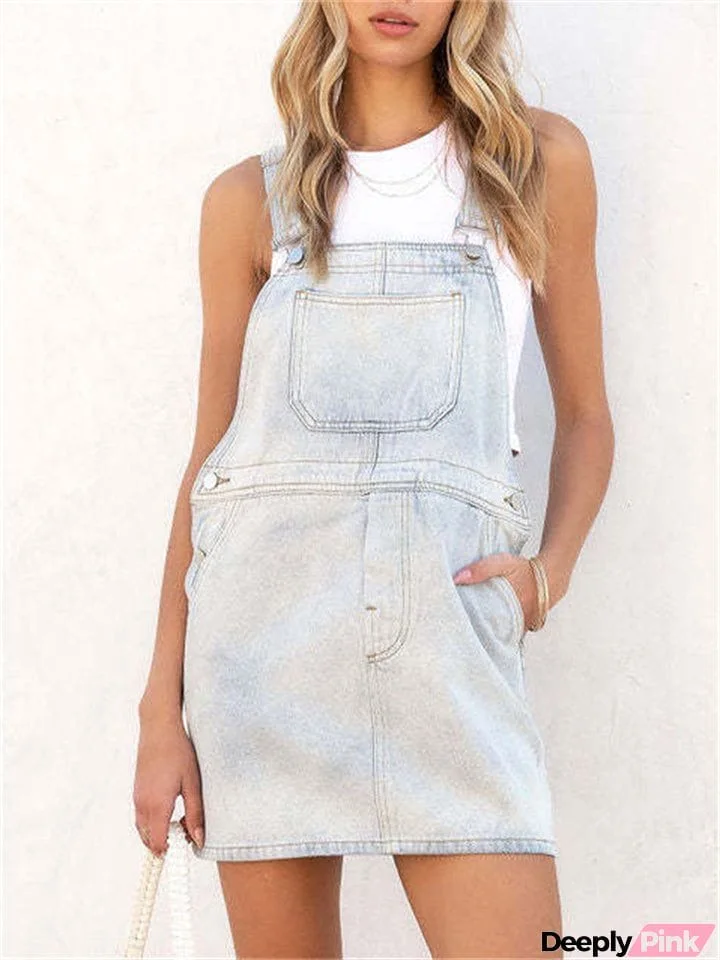 Female Trendy Street Blue Short Denim Suspender Dress