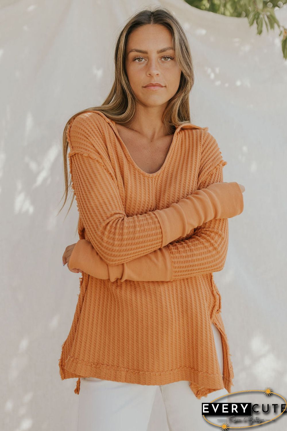 Orange Distressed Seam Trim Waffle Knit Top