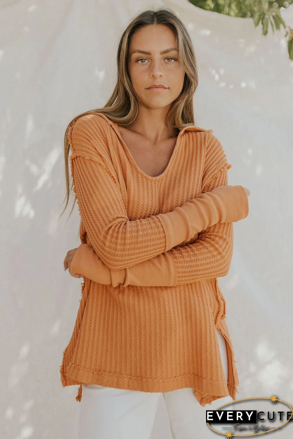 Orange Distressed Seam Trim Waffle Knit Top