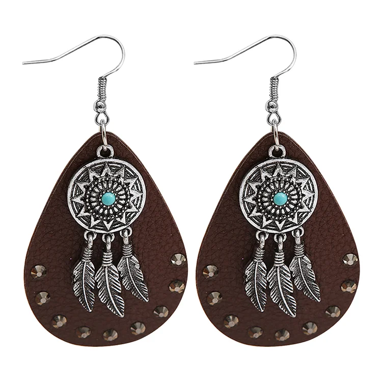 Vintage Ethnic Turquoise Feather Dangle Drop Earrings Leather Hook Earrings-Annaletters