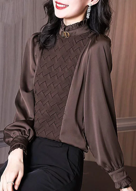 Coffee Patchwork Chiffon Blouses Ruffled Warm Long Sleeve