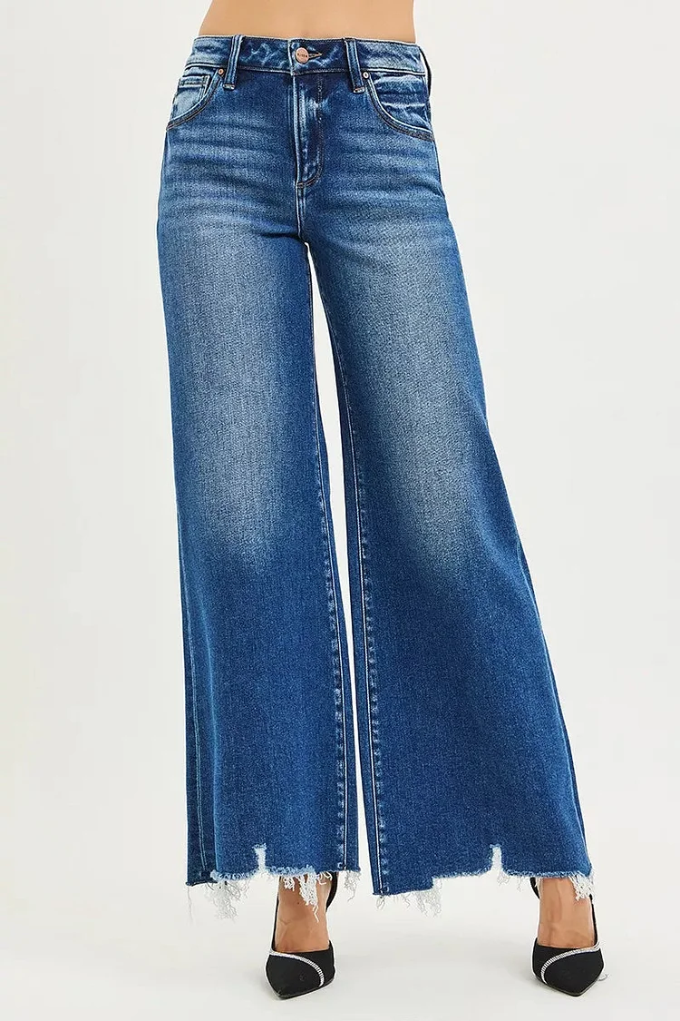 RISEN High Rise Wide Leg Jeans with Distressed Hem
