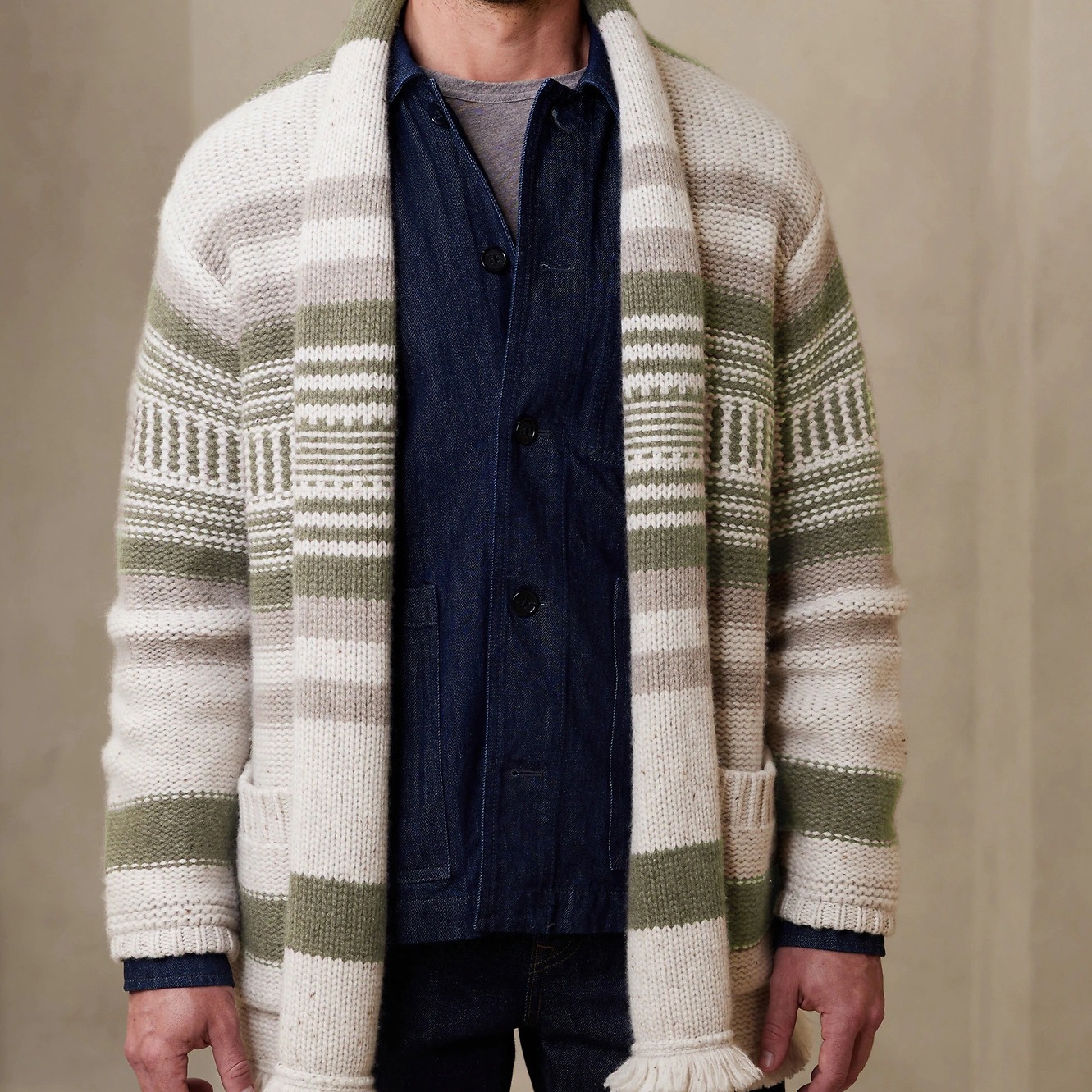 Men's Lapel Striped Knitted Cardigan