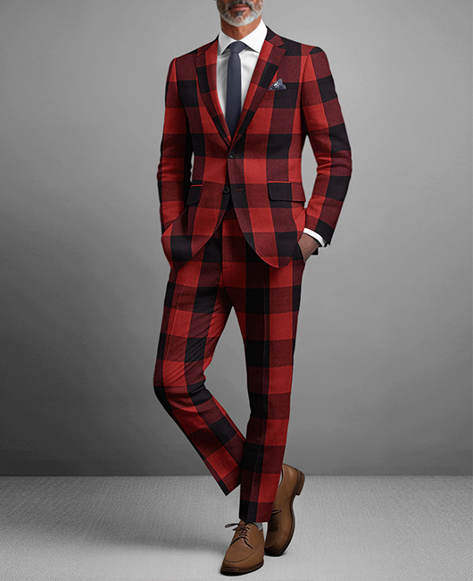 Business Notched Lapel Plaid Blazer & Pocket Pants 2Pcs Set