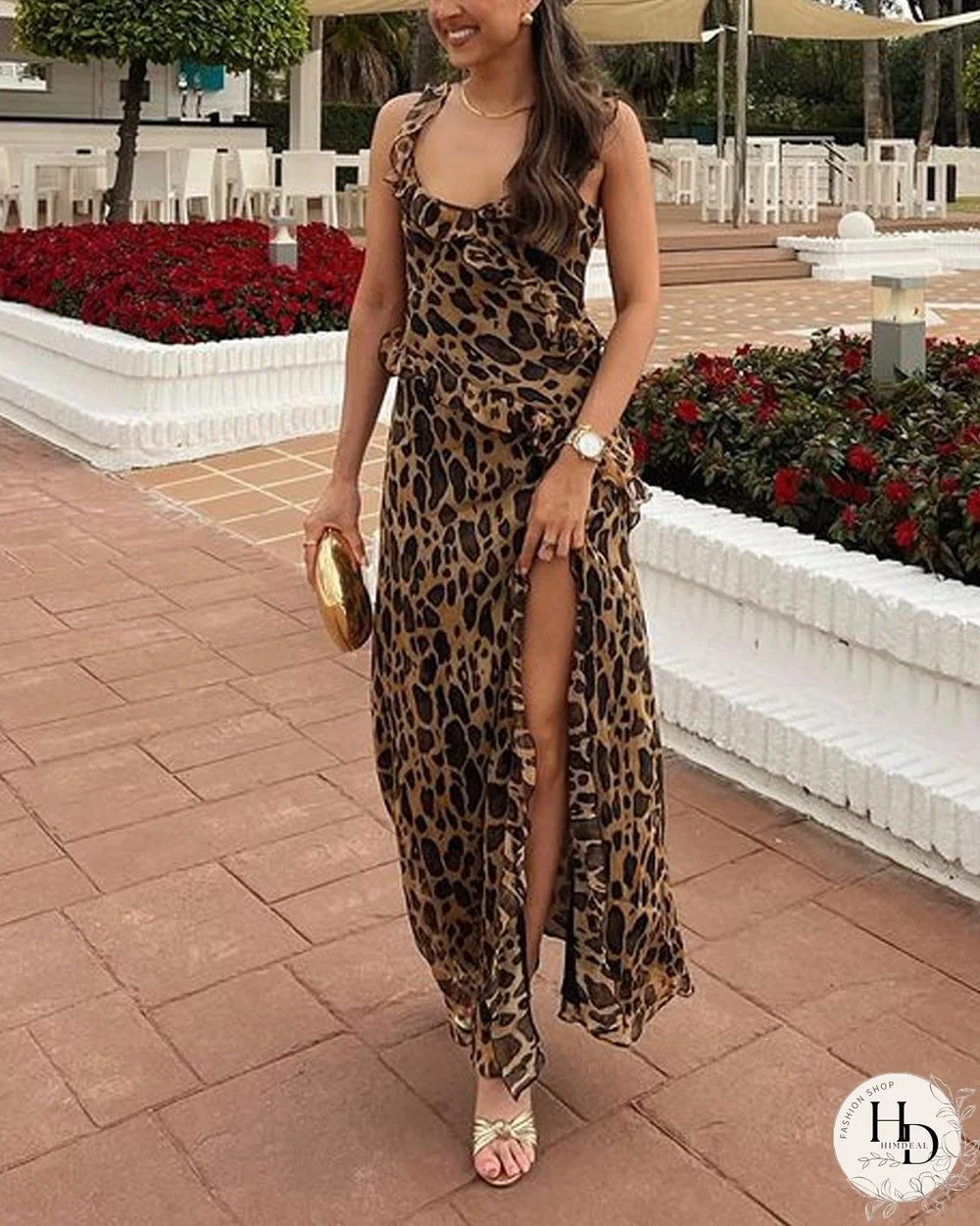 Elegant Leopard Print Split Chiffon Dress