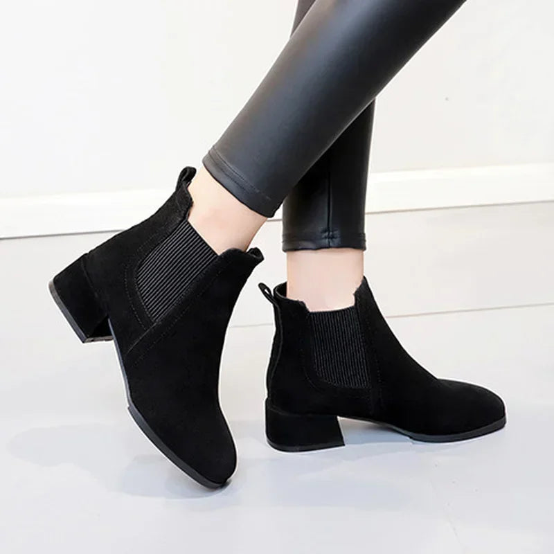 Women  Ankle Boots Autumn Winter  Boots Slip-on Round Toe 3.5cm Square Heel Solid Casual Black Camel Booties Size 35-43 Aiertu