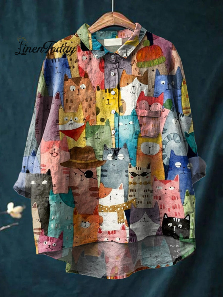 Watercolor Cute Cats Repeat Pattern Printed Women&rsquo;s Casual Cotton And Linen Shirt / S