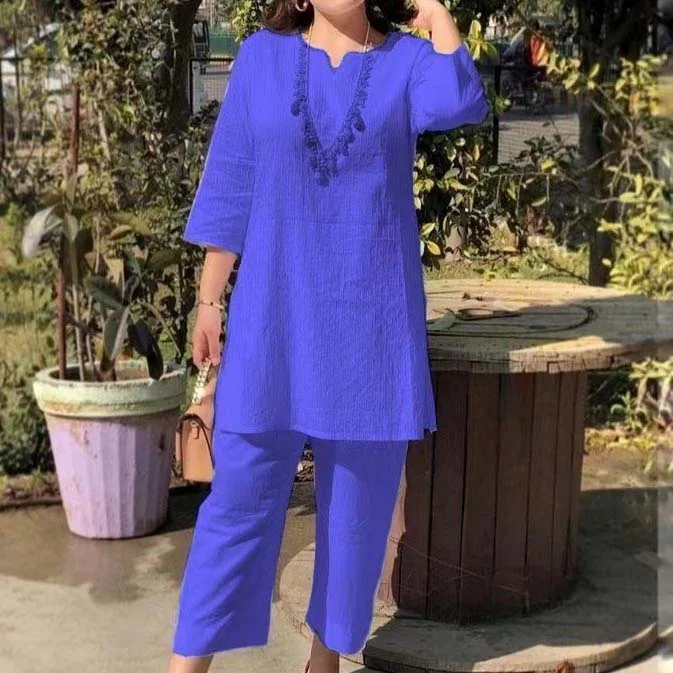 VChics Casual Solid Color Temperament Cotton Linen Two Piece Set