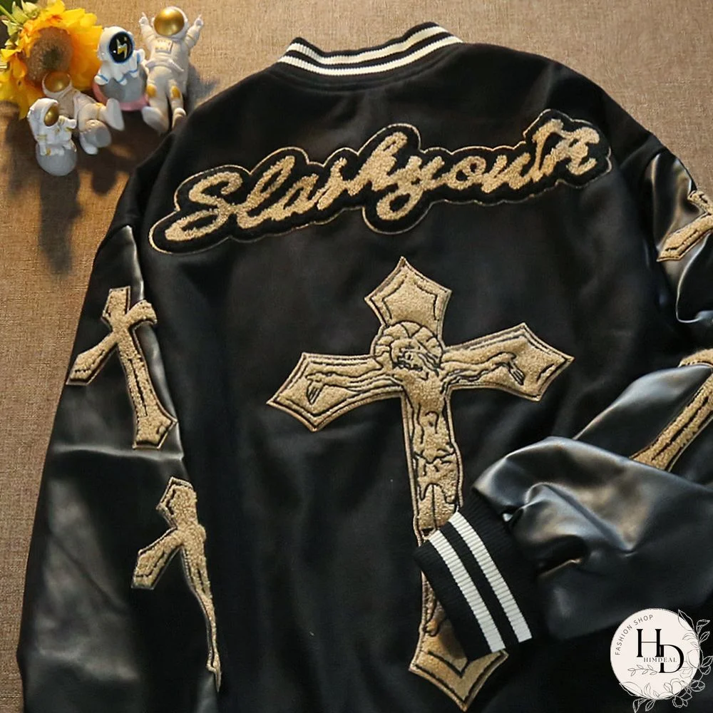 American Street Cross Embroidered Flocking Baseball Jacket