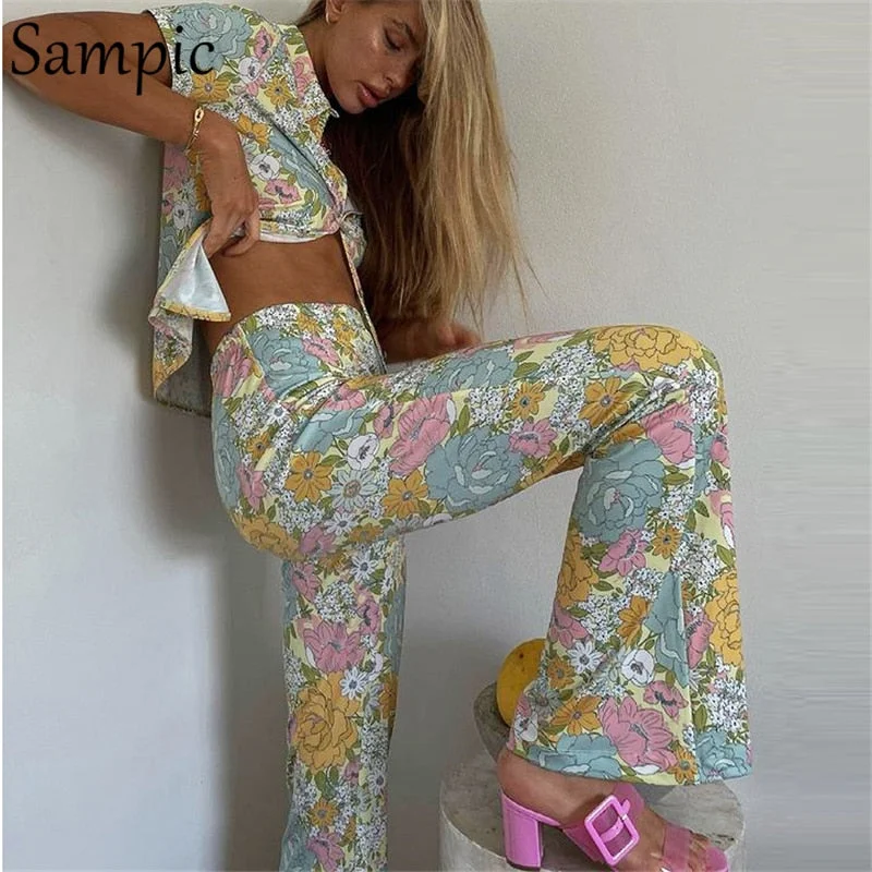 Sampic Y2K Casual Chic Women Summer Tracksuit 2021 Pants Set Floral Print Shirt Tops And High Waist Pants Long Two Piece Set