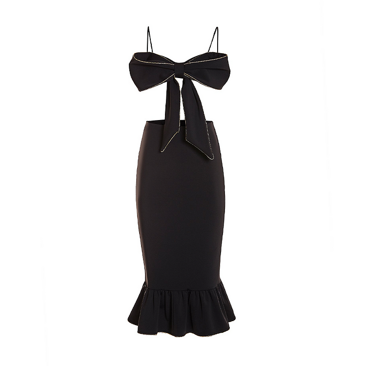 Flaxmaker Sexy Halter Bow Breast Bandage Midi Two Piece Set Dress